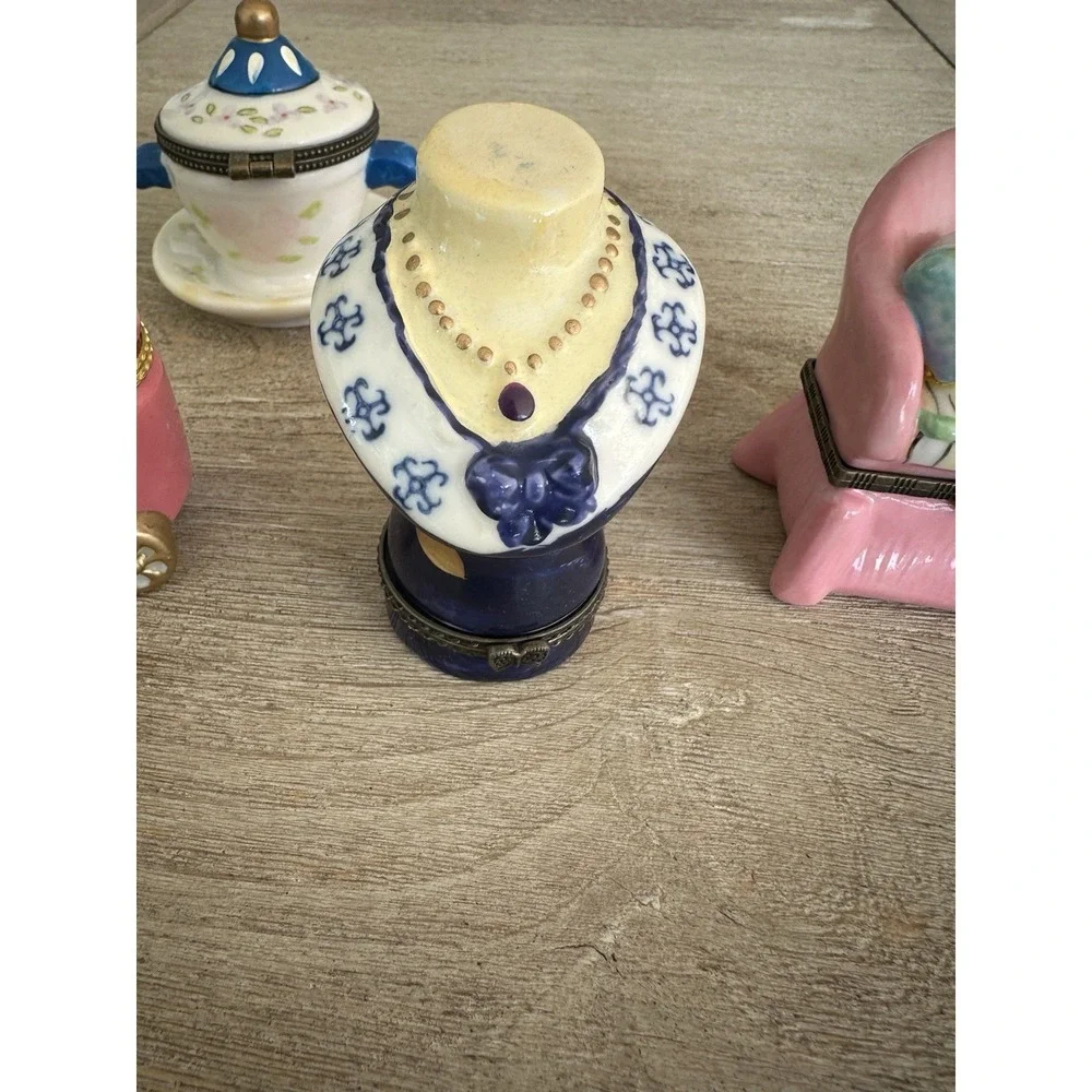 VTG Lot Of 4 Trinket Boxes - Unique Assortment Tea set, ladies chair and bust